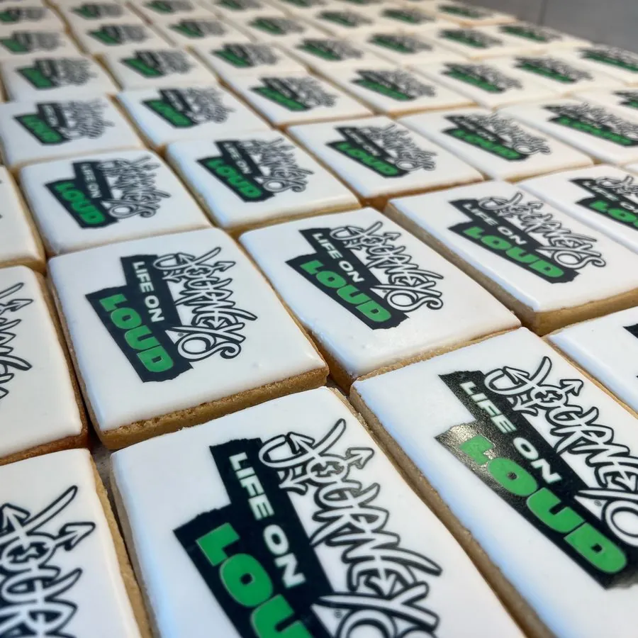 Rectangle cookies printed with the Journeys Life on Loud logo