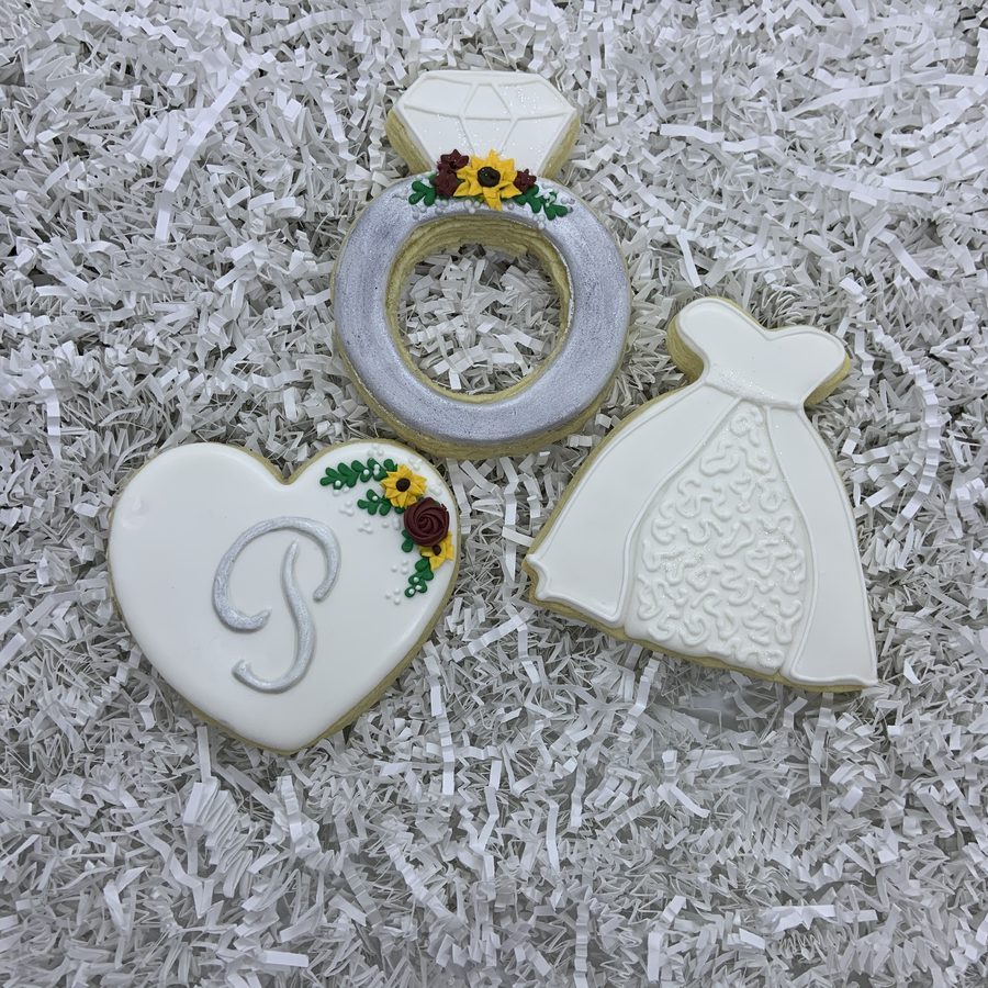 Wedding cookie set: ring, dress and monogram heart